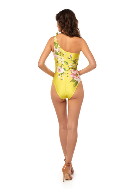 One-piece printed swimsuit with a tie back, Peonies