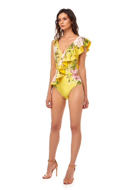 One-piece swimsuit with print, ruffle across the body, Peonies